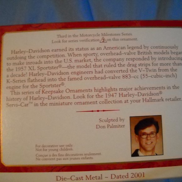 VINTAGE 2001 Hallmark Harley Davidson Ornament 1957 XL Sportster Harley Davidson - Picture 4 of 6